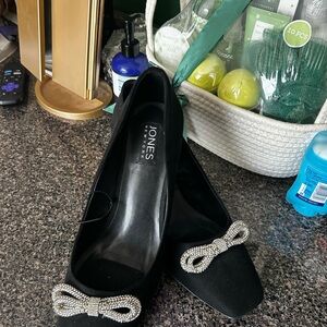 Jones New York Black Satin Flats with Crystal Bow Accent